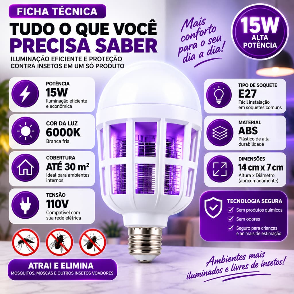Lâmpada Led e UV Bulbo Repelente Mata Mosquito Moscas 15W - 110v