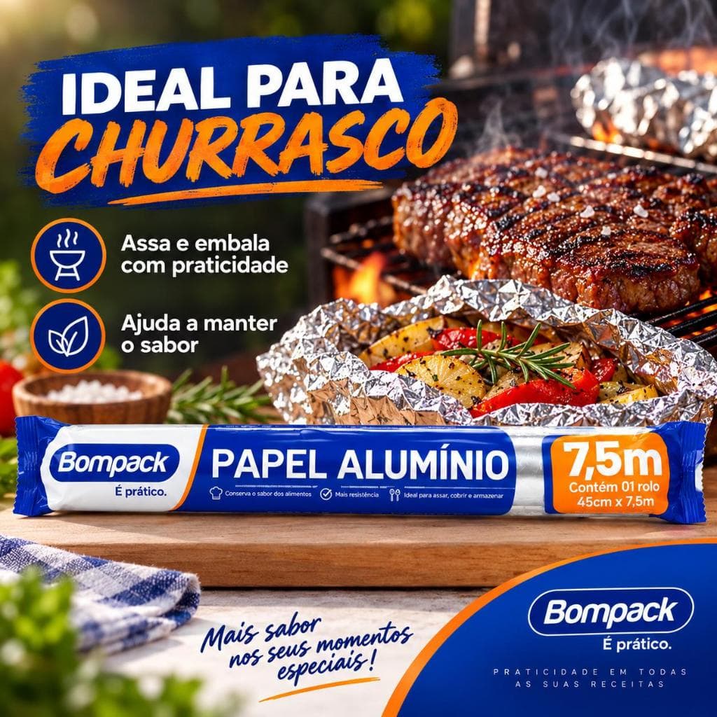 Papel Alumínio Bompack 45cm x 7,5m Rolo Largo para Churrasco Assados Forno Cozinha Conservação