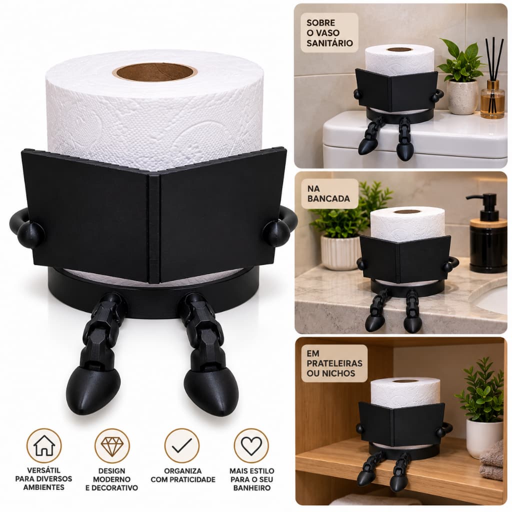 Suporte Porta Papel Higiênico Lendo Livro com Pernas Articuladas Decorativo Moderno