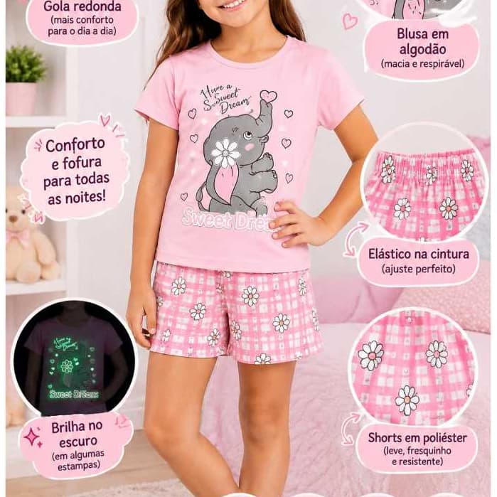 Conjunto pijama infantil verão menina tema Elefante tamanho 1 ao 8 shorts + blusa manga curta confortavel