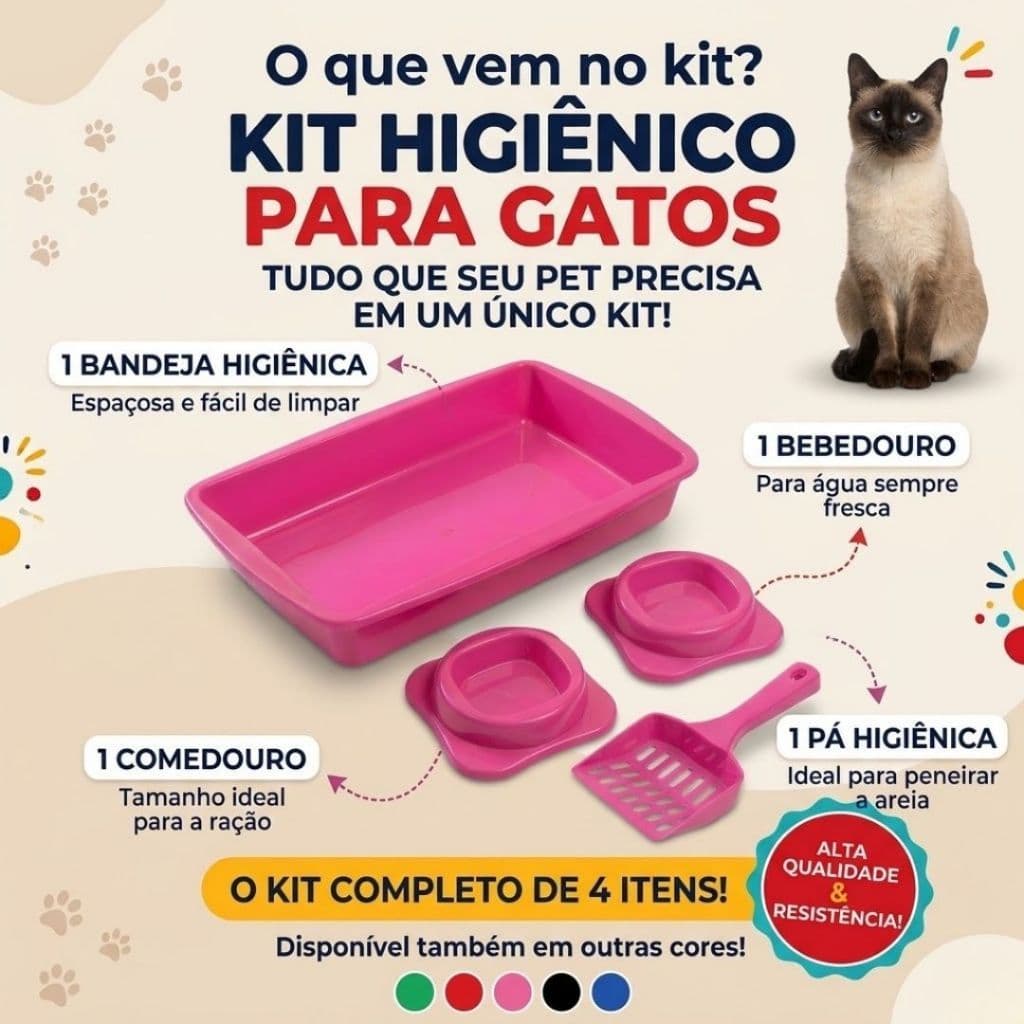 Kit Higiênico Completo para Gatos 4 Itens Caixa De Areia + Pá + Comedouro + Bebedouro