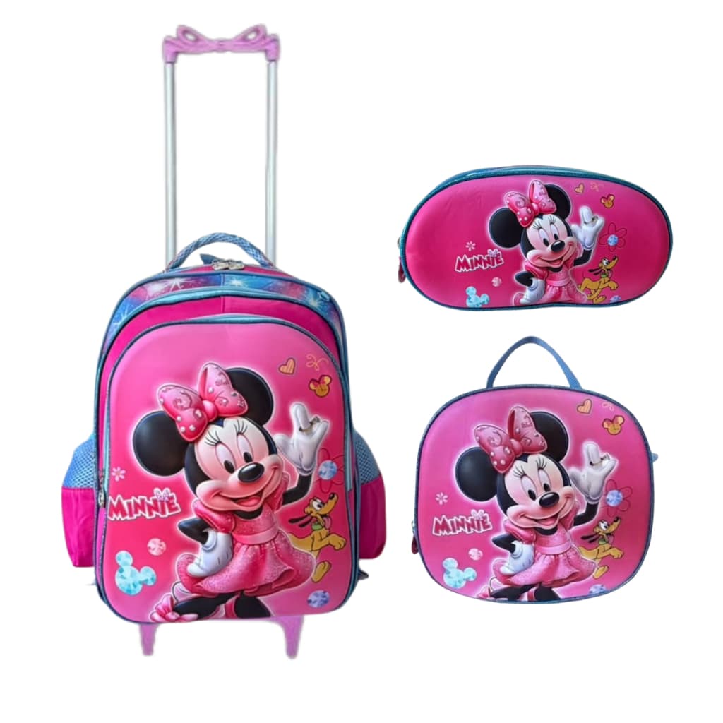 Kit Mochila Rodinha Minnie Menina Bolsa Grande Com Lancheira Térmica E Estojo