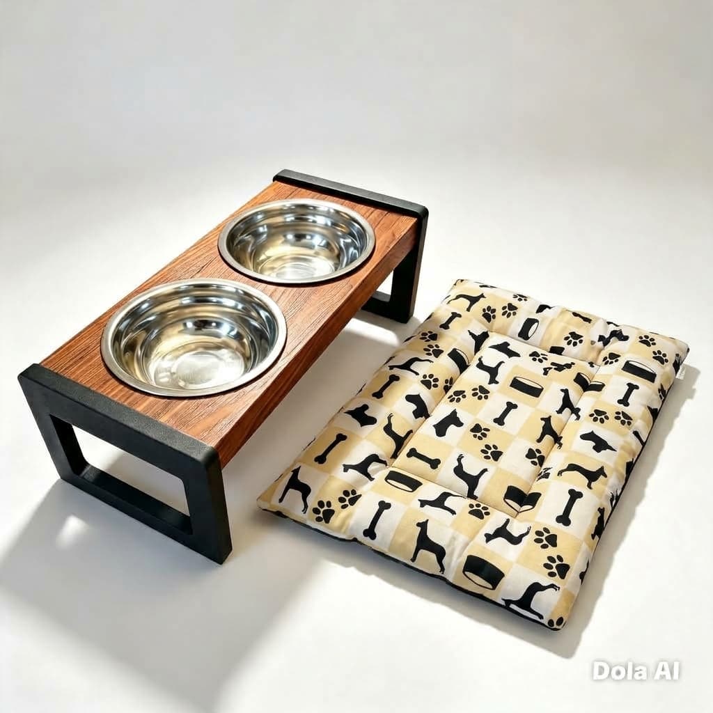 Kit Comedouro Duplo Elevado Com Tijelas Inox + Colchonete Slin Estampado Para Pets Cães e Gatos