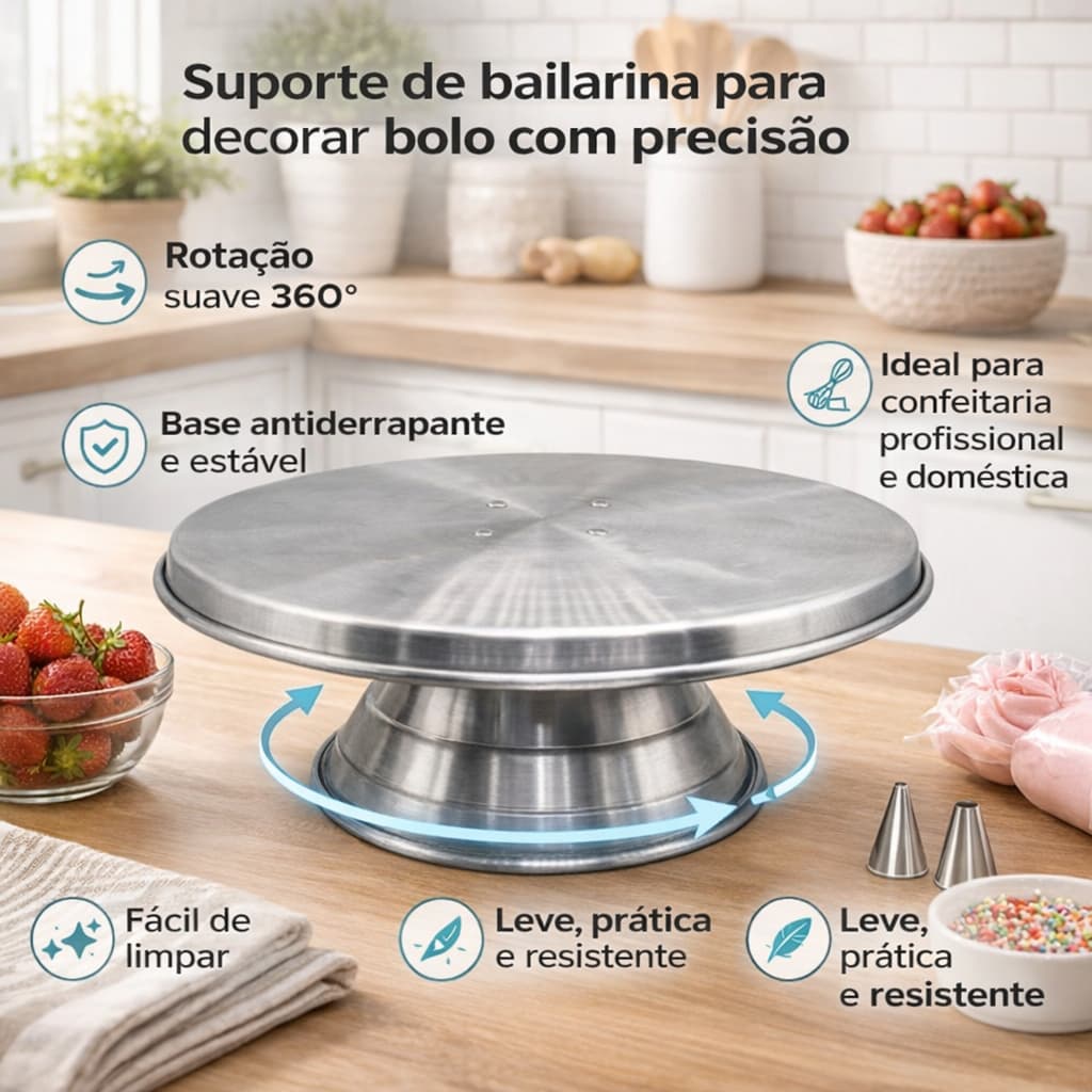 Suporte Bailarina de Bolo Boleira Decorar em Aluminio 30 cm Polido (Giratorio, Bailarina para Bolo