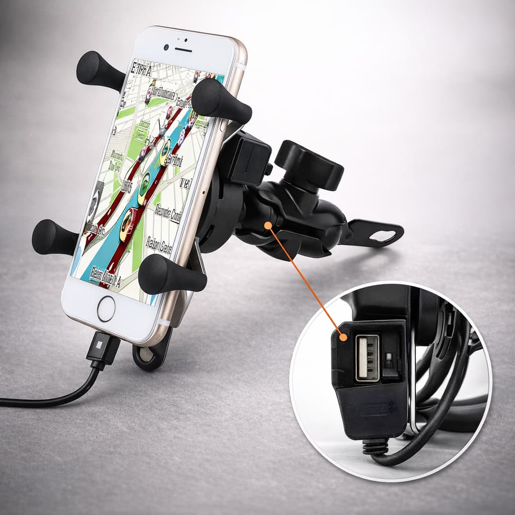 Suporte Aranha Universal para Celular Moto com USB Carregador Fixação Retrovisor