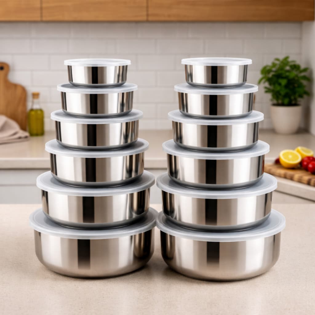 Kit 10 5 Potes Inox com Tampa Hermético Alimentos Condimentos Frutas Legumes Verduras Empilhável