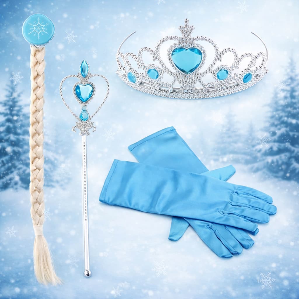 Kit Princesa Encantada Azul Completo – Tiara + Varinha + Luvas + Trança | Fantasia Infantil Premium para Festas e Aniver