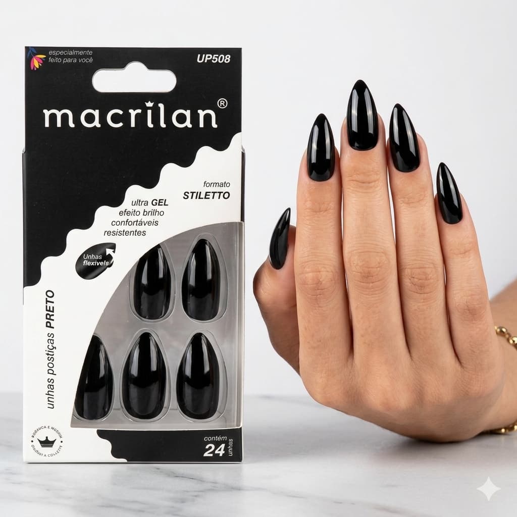 Unhas Postiças Macrilan Stiletto Ultra Gel Brilho Intenso - Diversas Cores