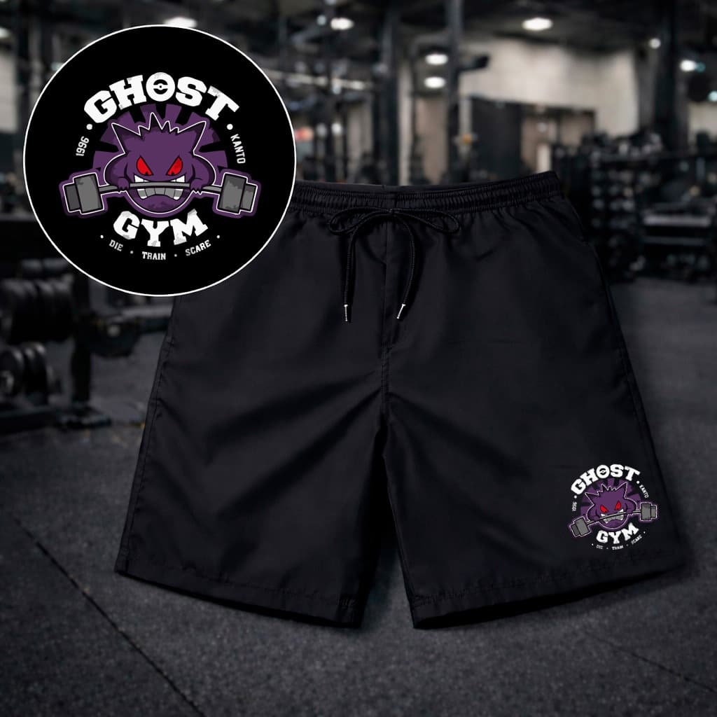 Bermuda Masculina Short Preto Tactel Estampado Ghost Gym Gengar Para Academia Treino Futebol Praia