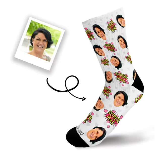 Meia Personalizada Com Foto - Super Mãe - Dia das Mães - Meia Cano alto - Meias Elite