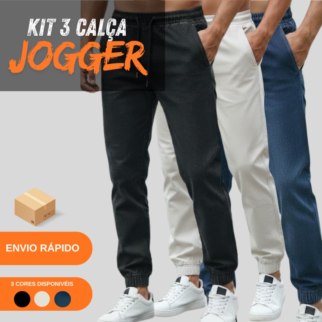 Kit com 3 Calças Jogger Masculinas de Sarja Slim Fit Com Cordão E Elastano