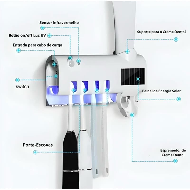 Esterilizador UV Escova + Dispenser Pasta Automático | Suporte Banheiro Moderno Parede