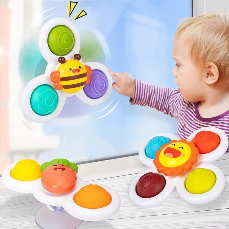 Kit 3 Brinquedo Sensorial Bebê Chocalho Giratório Spinner Ventosa Forte Mordedor | Brinquedo Banho Coordenação Motora