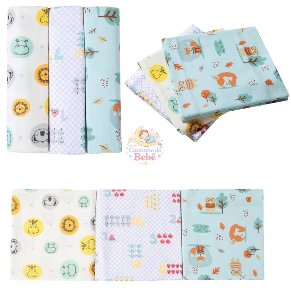 Kit 3 Cueiro Flanelado Papi Karinho Estampado 100x80cm para Bebê – Macio, Quentinho e Confortável