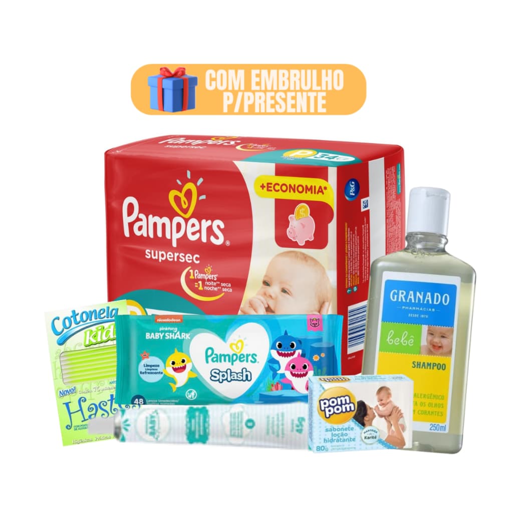 Kit Bebe Higiene Fraldas Pampers Pomada de Assadura e Lenço Umedecido Granado Cha de bebe