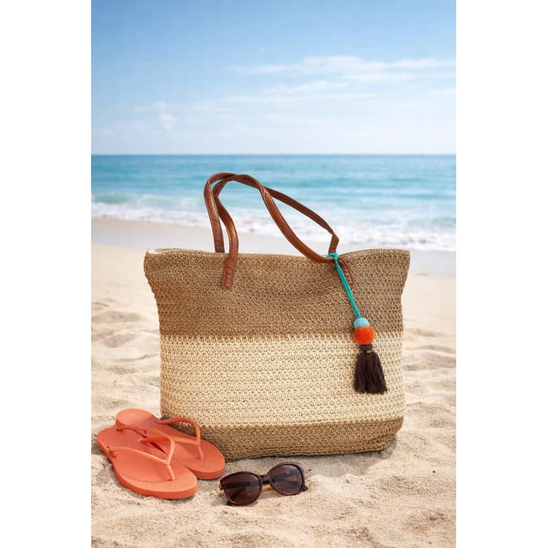 Bolsa de Praia e Piscina Grande bicolor em Palha com Alça Reforçada e Zíper Dobrável para Colocar na Mala