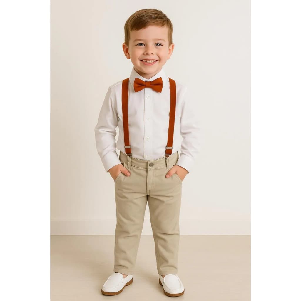 Calça Nude Camisa Branca Gravata Suspensório Terracota Batizado Pajem Casamento Formatura Social