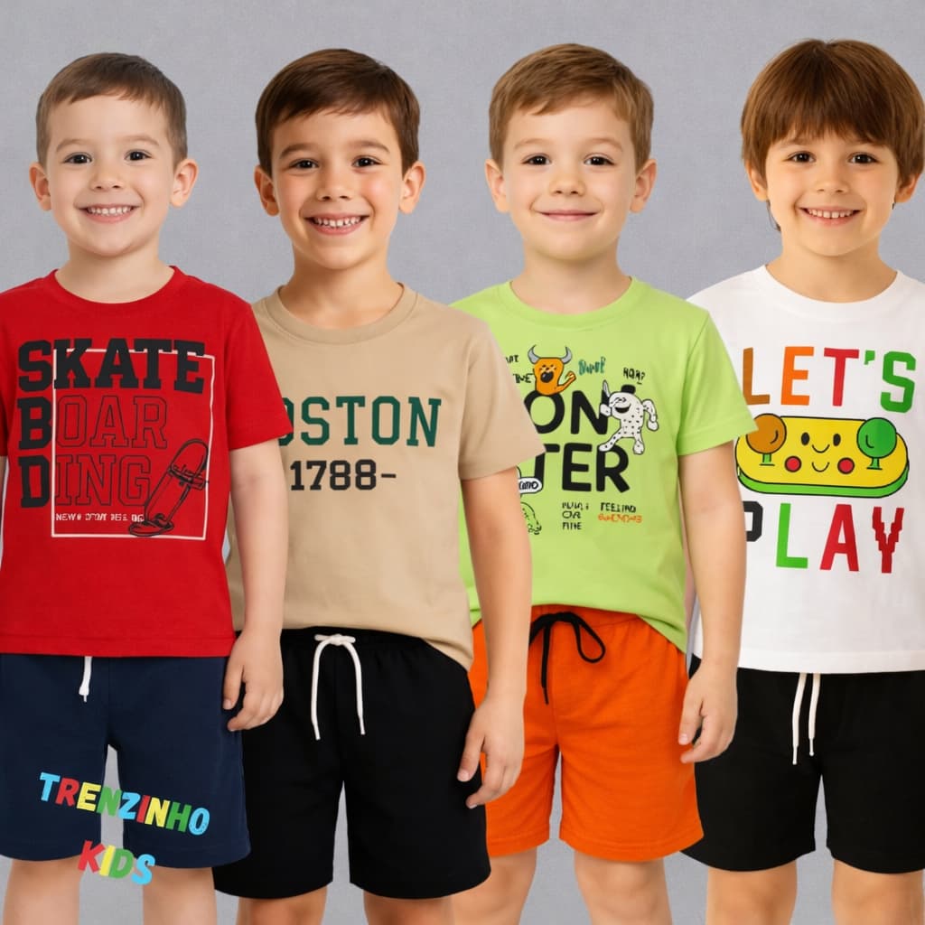 Kit 4 Peças Conjunto Infantil Masculino Camisa e Bermuda 4 a 8 Anos Roupa Menino Confortável