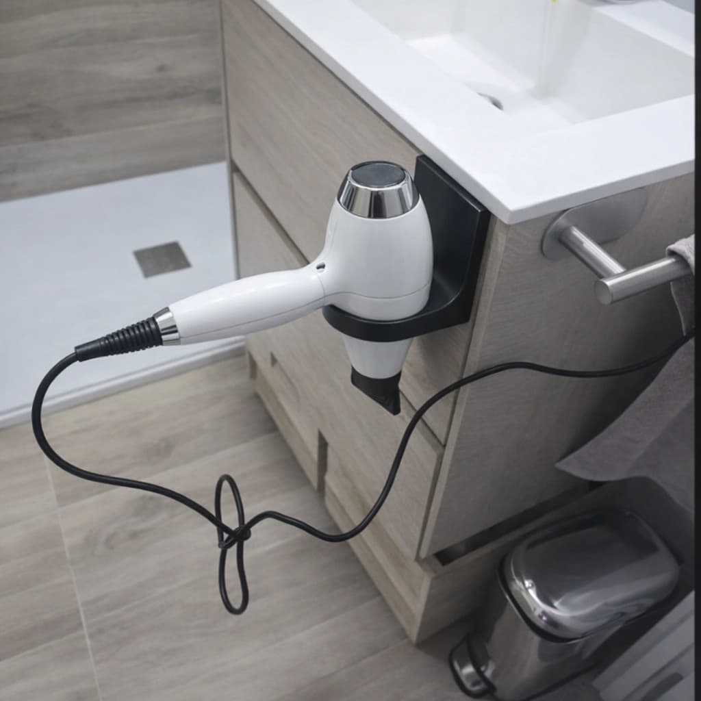 Suporte Secador De Cabelo Porta Armário Benheiro Sem Furo Preto
