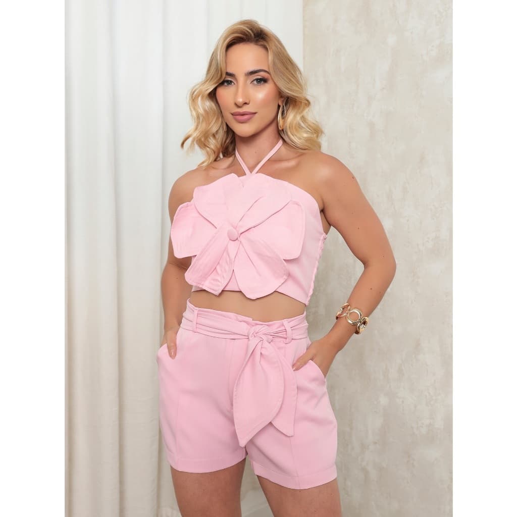 Conjunto Feminina  Shorts Com Top Frente Unica Estilosa   Elegante  Casual  Festa Bolso  Férias