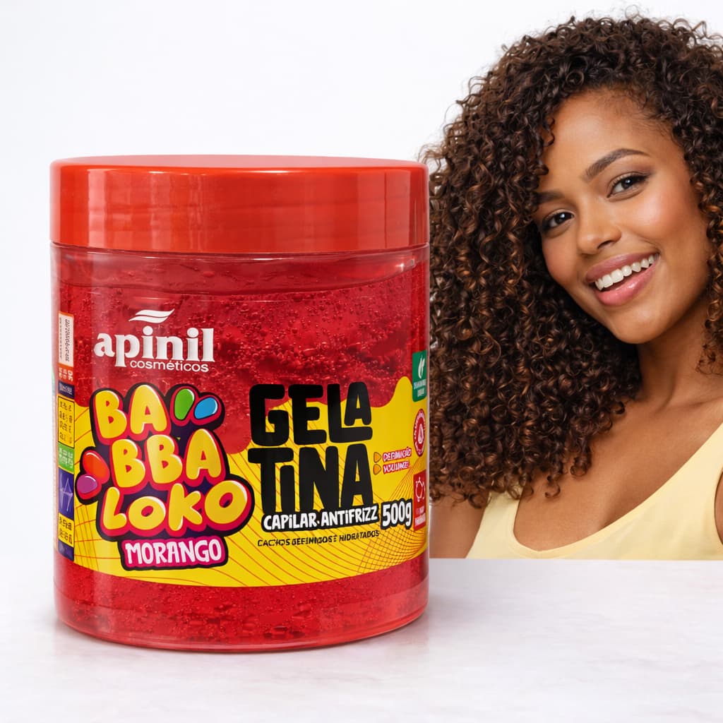 Gelatina Capilar Antifrizz 500g Apinil Babba Loko Morango – Definição e Volume para Cachos Cabelo Cacheado