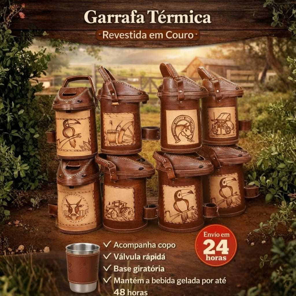 Garrafa Termica 2,5 Litros Quente E Frio Para Terere Com Couro/inox Varios desenhos Aleatorios