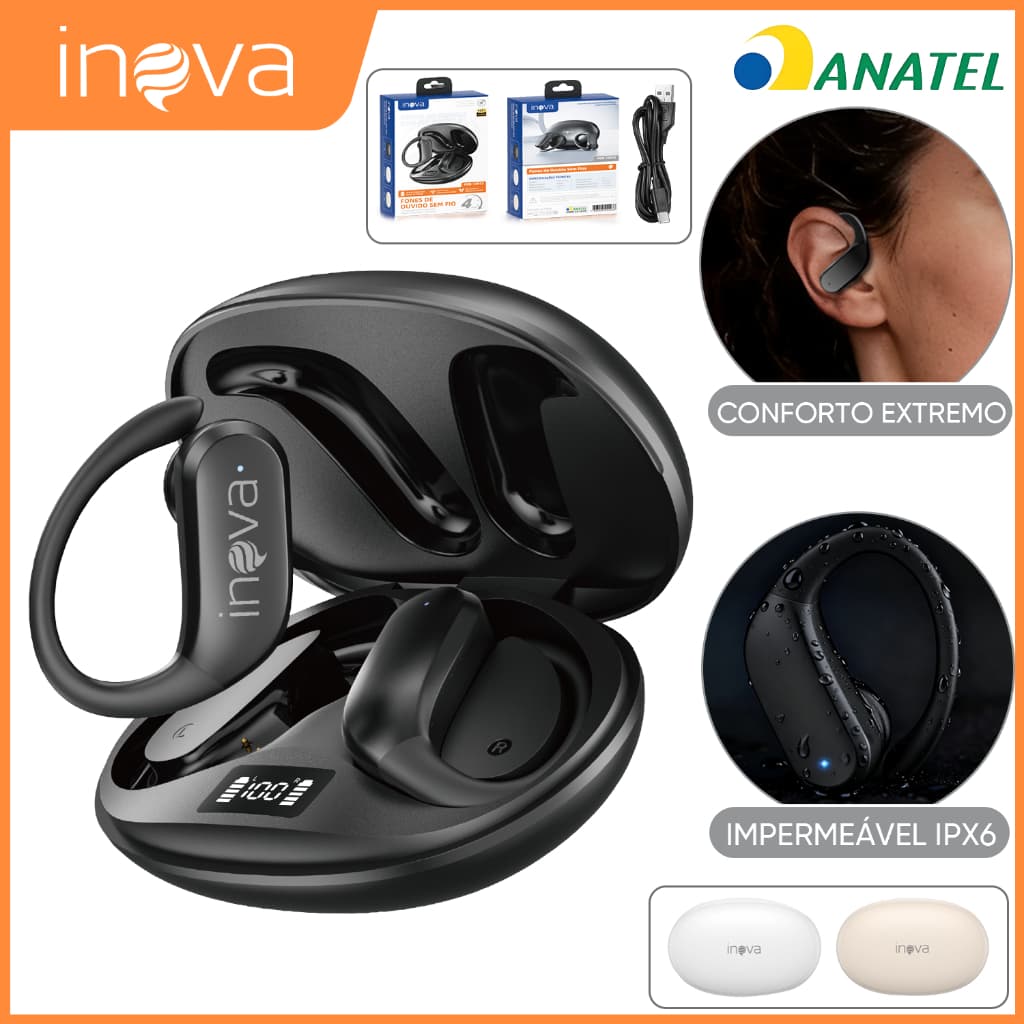 INOVA Fone de Ouvido Aberto com Display 36H Bateria IPX5 Bluetooth 5.4 Compatível Android e iPhone Samsung
