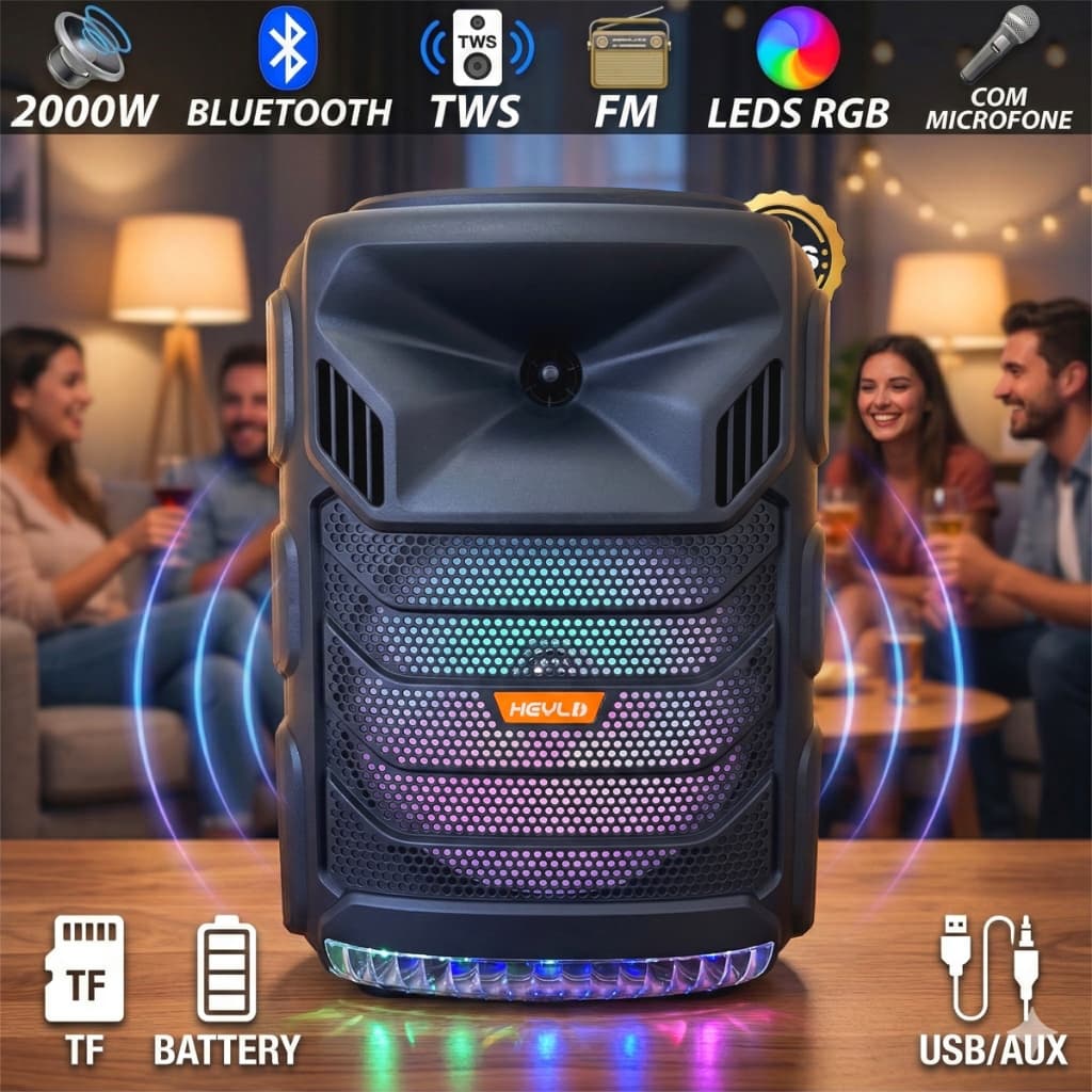 Caixa de Som Bluetooth Portátil 2000W Potente com Microfone FM e Luzes LED RGB para Férias