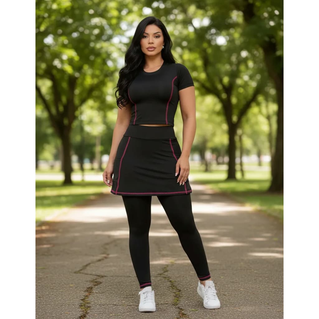 Conjunto Fitness Calça Saia Legging Com Bolso e Blusinha Moda Evangélica Para Treinos Academia