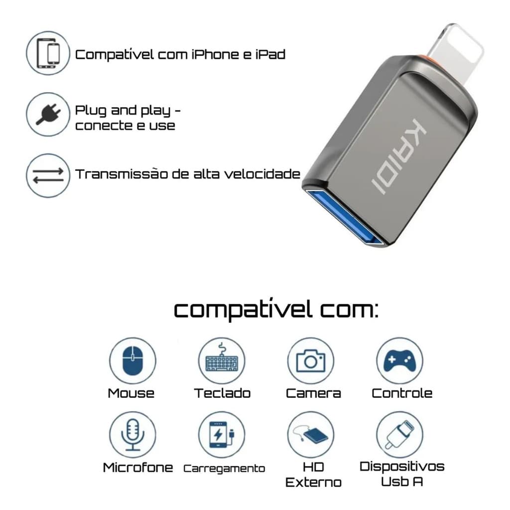 Adaptador Conector iPhone USB OTG 3.0 Marcho Transferência de Dados Kaidi