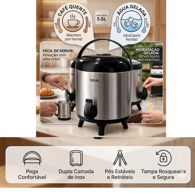 Botijao Termico Inox Capacidade 55 Litros Conserva Temperatura Duravel