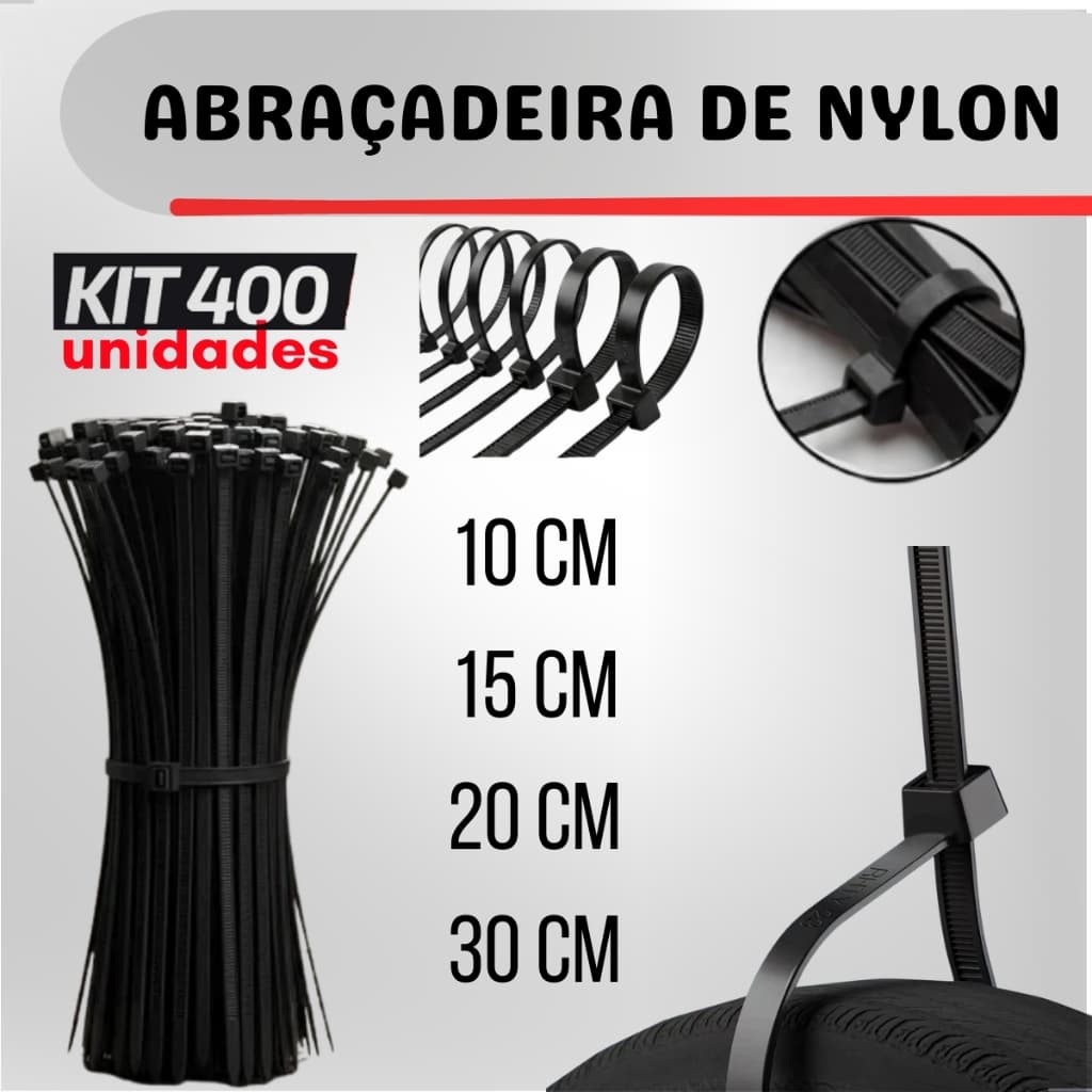 Kit 400 Abraçadeira Enforca Gato De Nylon 100mm x 2,5mm 150mm x 2,5mm 200mm x 2,5mm 300mm x 3,5mm He