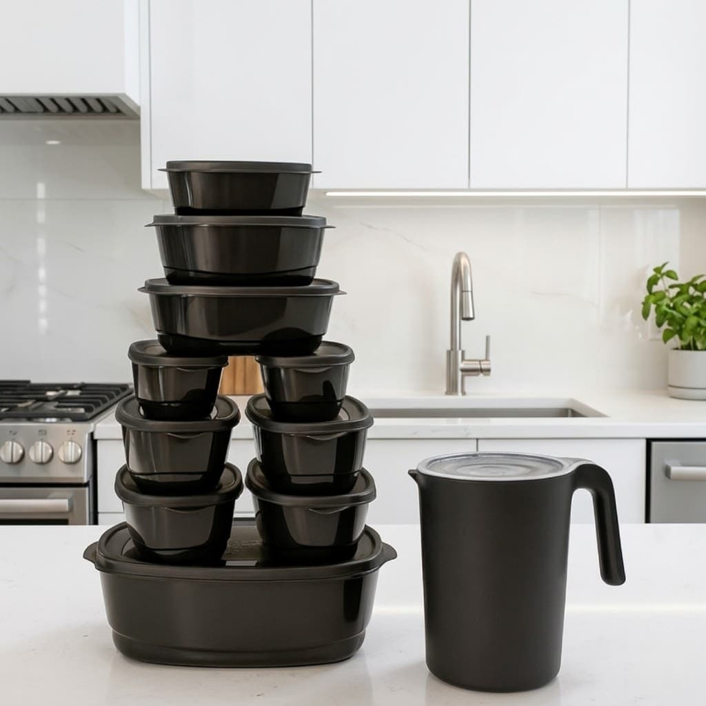 Pote de Plástico Preto 10 Peças + Jarra de Suco 1,8L  Tapoer Utensílios Cozinha - Escolha sua Cor
