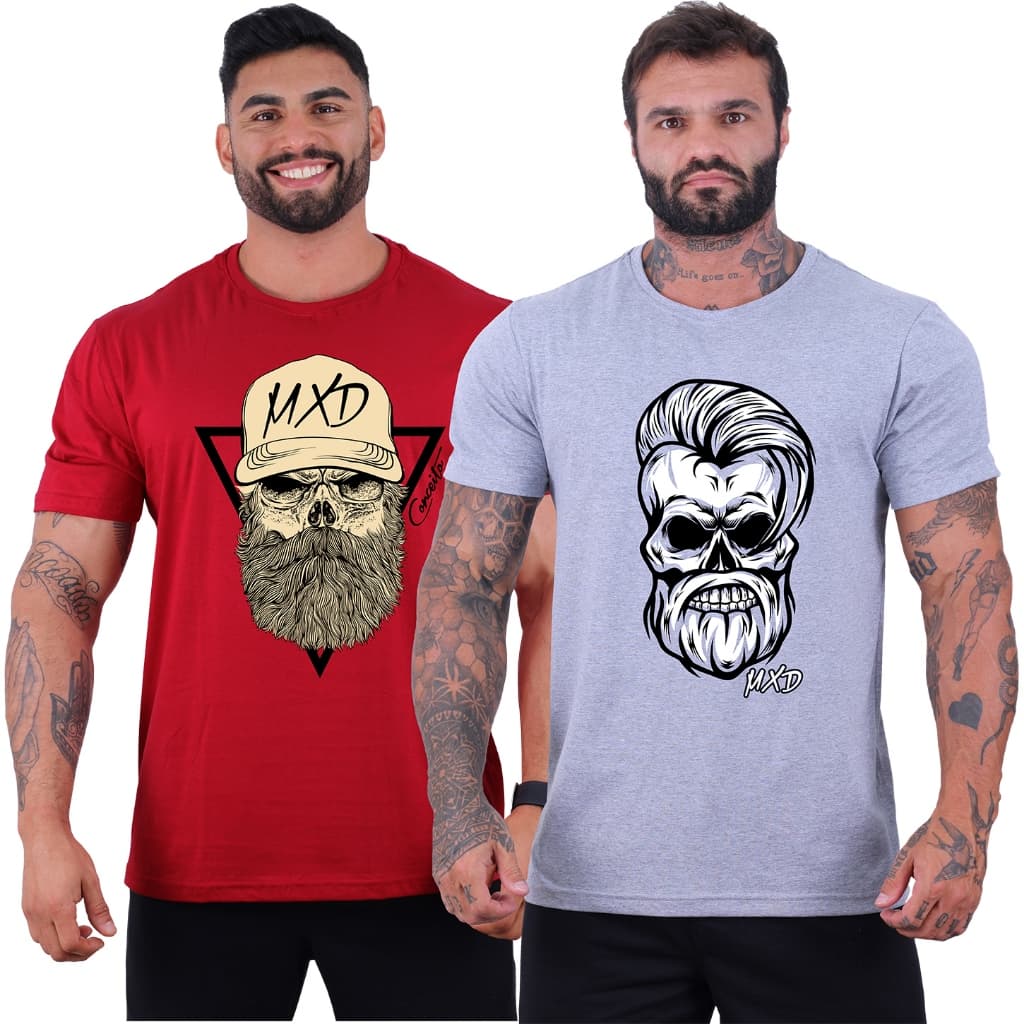 Kit 2 Camisetas Tradicionais Masculina MXD Conceito Malha 30.1 Penteada Manga Curta Caveira Academia Musculação