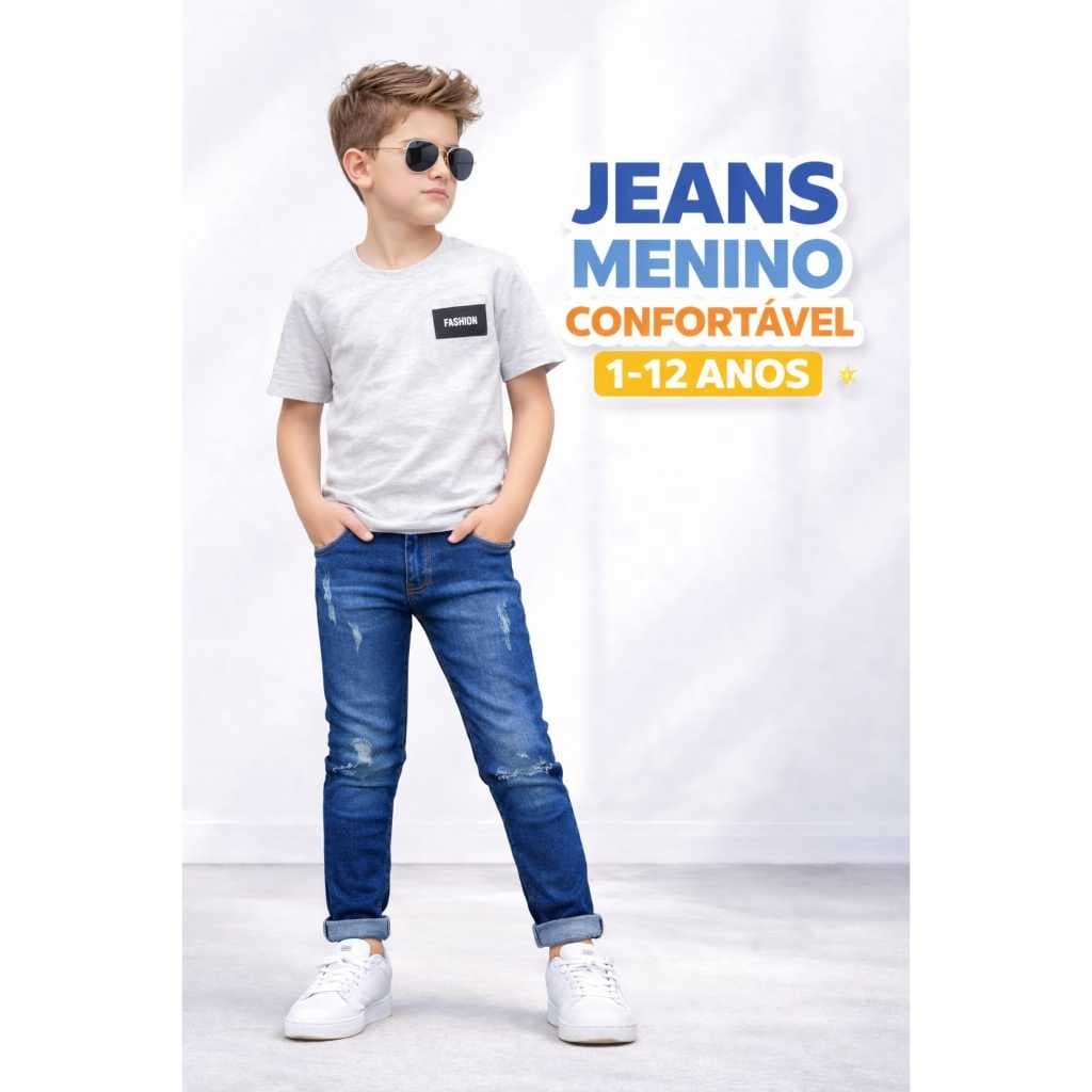 Calça Jeans Infantil Masculina Menino Confortável Cintura Ajustável Moda Infantil Escolar 1 a 16 Anos lançamento