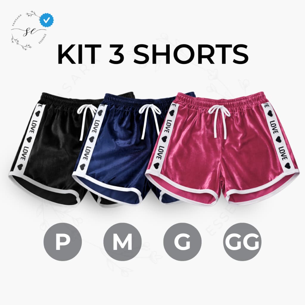 Kit 03 Short Feminino Love Em Veludo Premium Com Elástico na Cintura Cores Tendência SUPER Macio