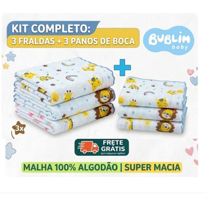 ​Kit 6 Peças Enxoval Bebê: 3 Fraldas Luxo grande + 3 Paninhos de Boca 100% Algodão Bublim