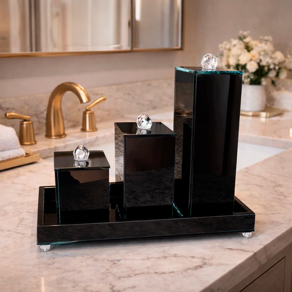 Kit Lavabo Vidro Com Bandeja + 3 Potes Preto Trio Organizador Banheiro Luxo Artesanal Moderno