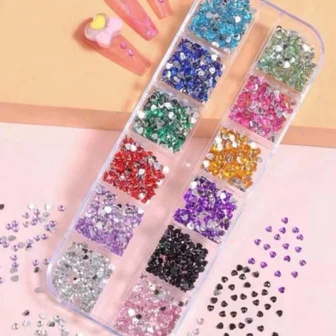 Kit Estojo Strass Coração Colorido Para Maquiagem e Nail Art