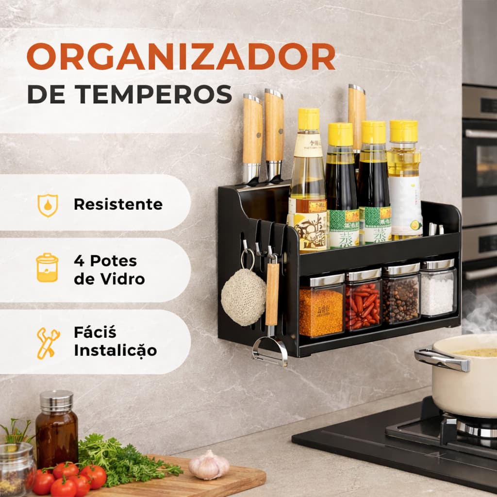 Organizador de Temperos de Parede Multiuso Porta Condimentos e Utensílios Cozinha Suporte Temperos Com Potes