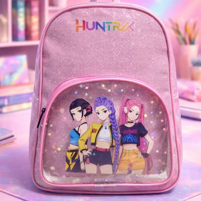 Mochila Huntrix Femenina Infantil para Passeios com Design Exclusivo e Visor Transparente com Glitter