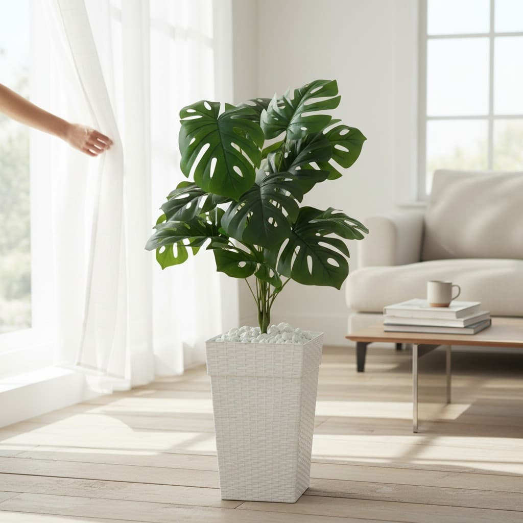 Planta Artificial Costela de Adão + Vaso Grande Decorativo Com Pedras Brancas