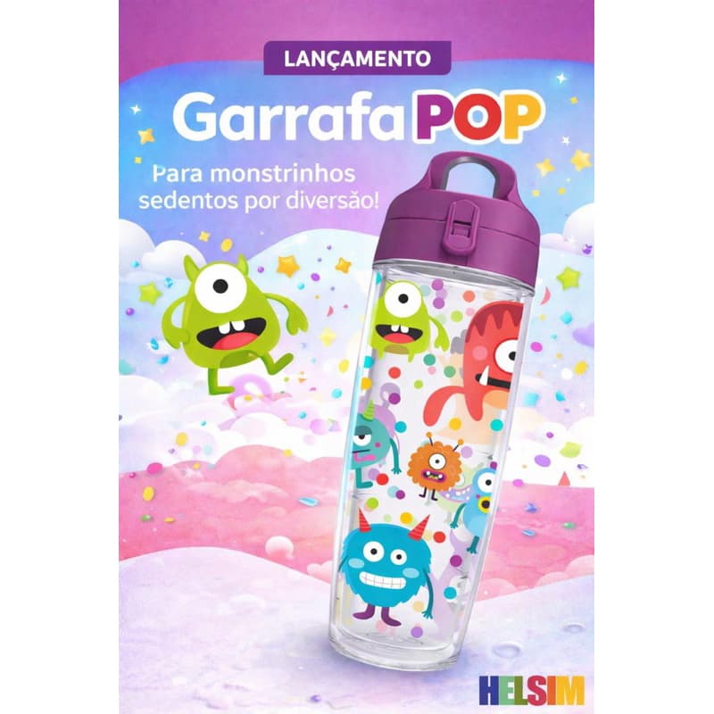 Garrafa Infantil POP Helsim 700ml com Tampa Flip e Alça – Garrafa Squeeze Infantil Estampa Monstrinhos