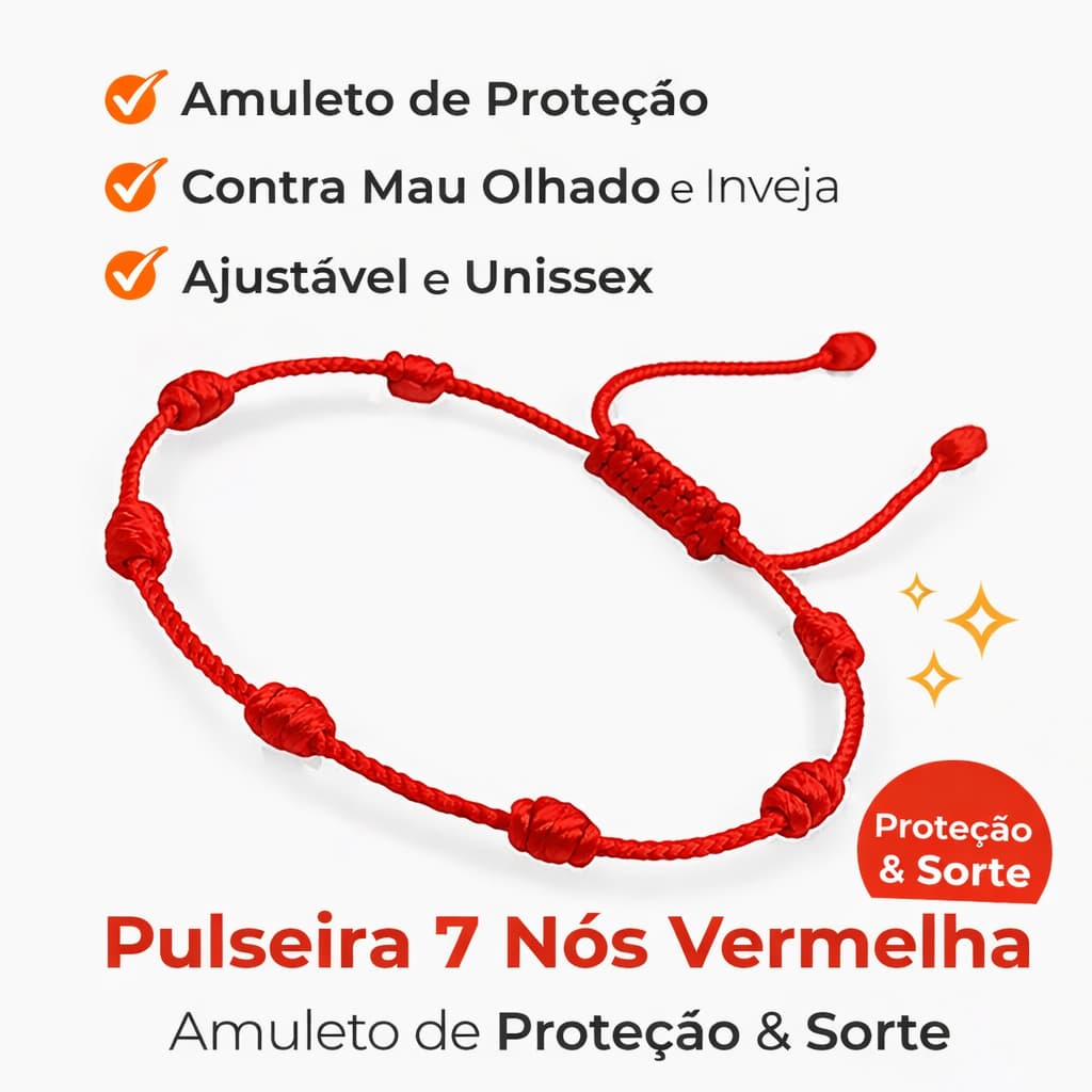 Pulseira 7 Nós Vermelha da Sorte Contra Mau Olhado Unissex Ajustável