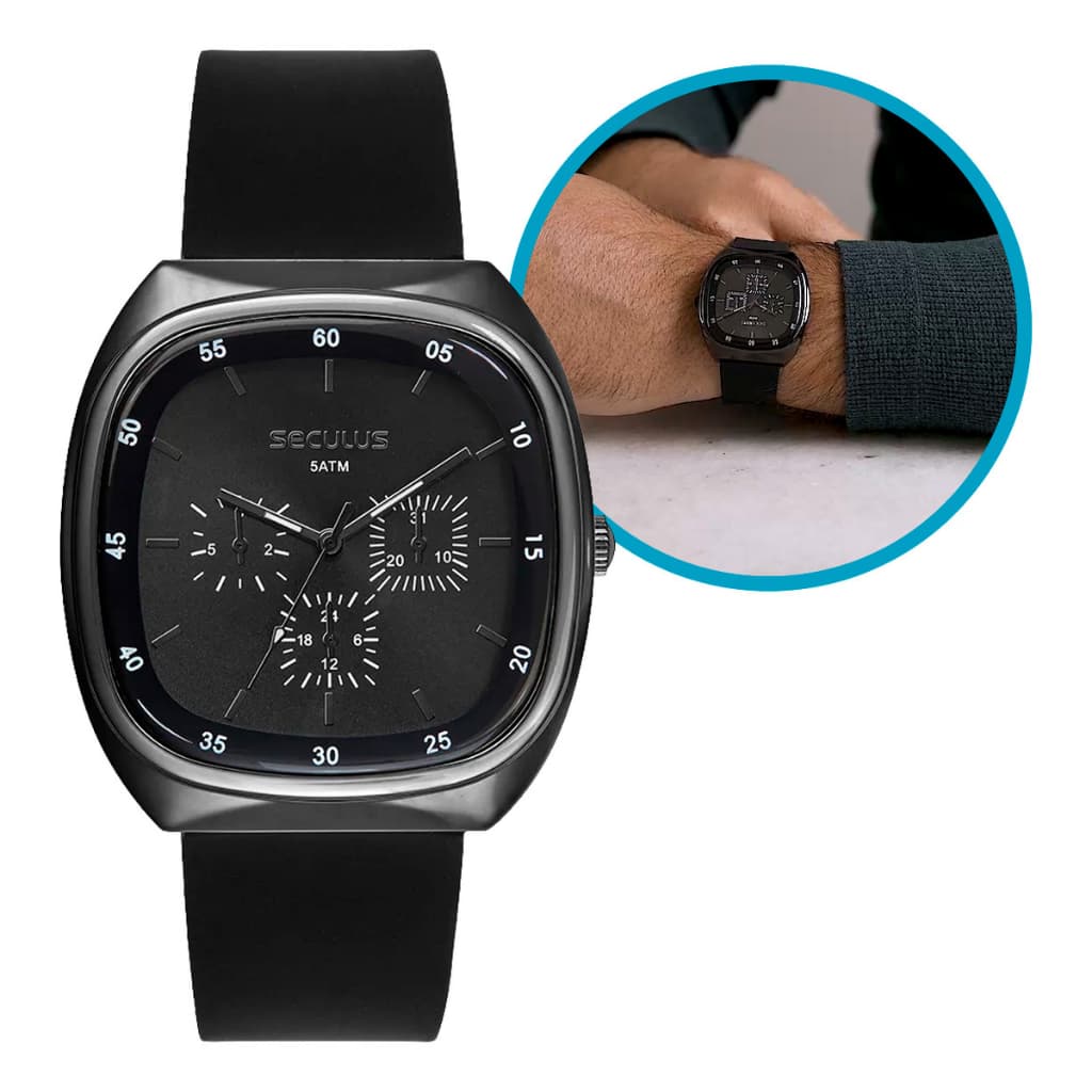 Relógio Masculino Seculus 42mm Pulseira E Fundo Preto Multifuncional