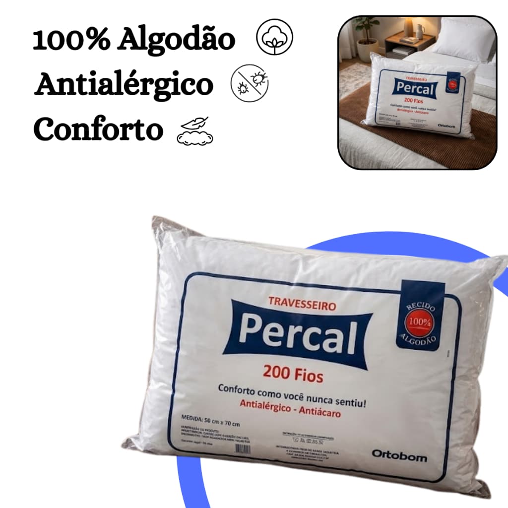 Travesseiro Antialérgico Fibra Siliconada 100% Algodão Antiácaro Macio