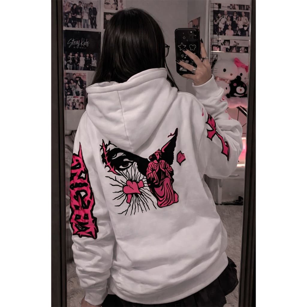 Moletom Death Angel Gothic Estilo Japonês Blusa de Frio Capuz Feminino Alt Girl Streetwear