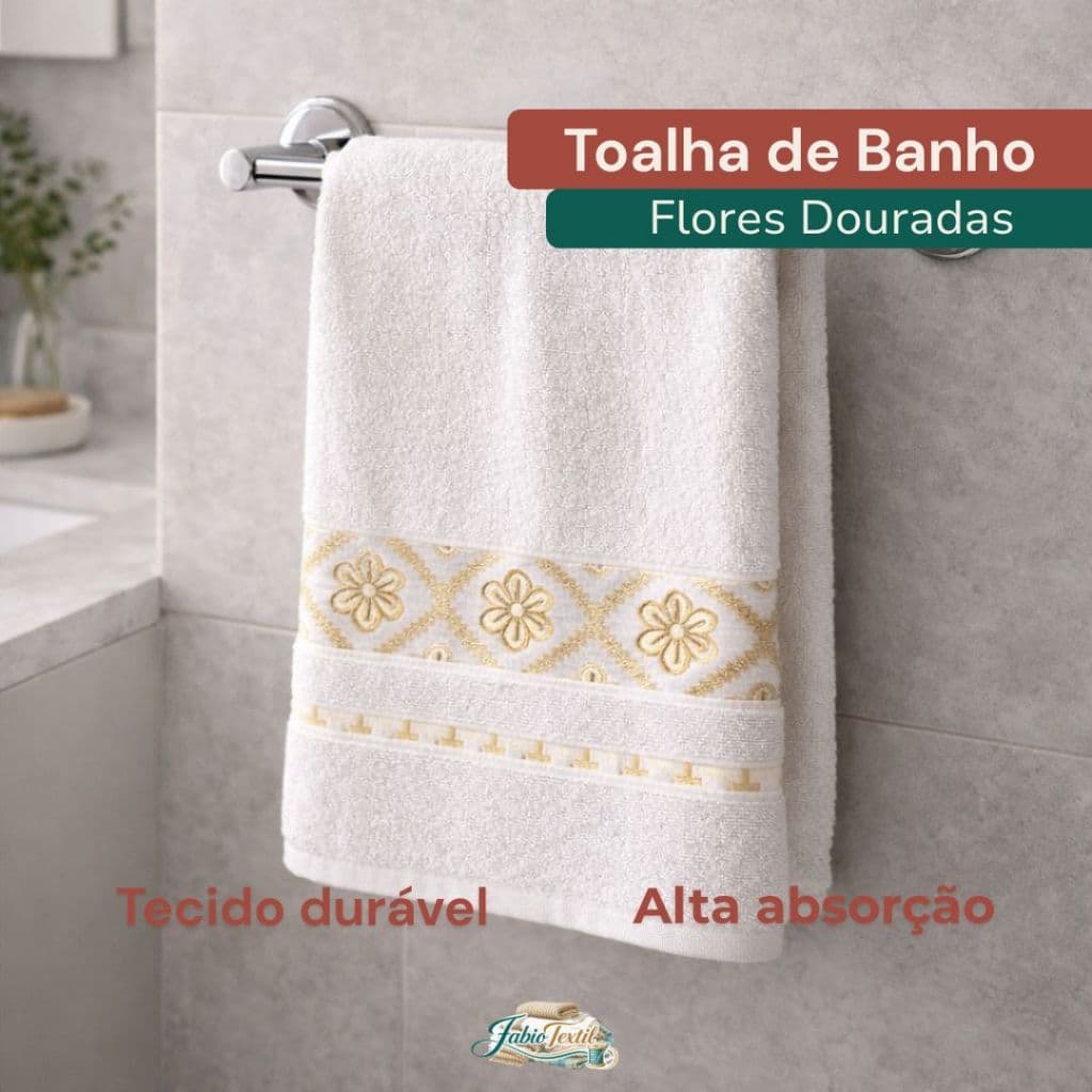 Toalha de Banho 70x140cm Flores Douradas 50% Algodão Super Macia Alta Absorção Várias Cores