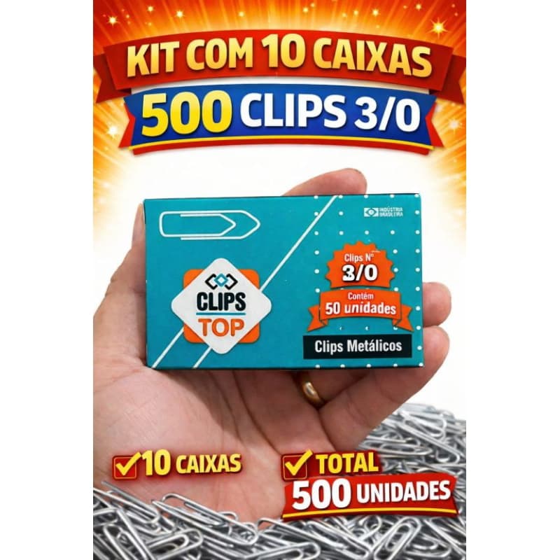 Kit 10 Caixas Clips Metálicos 3/0 - 500 unidades de Clips Para Papel Escritório Papelaria