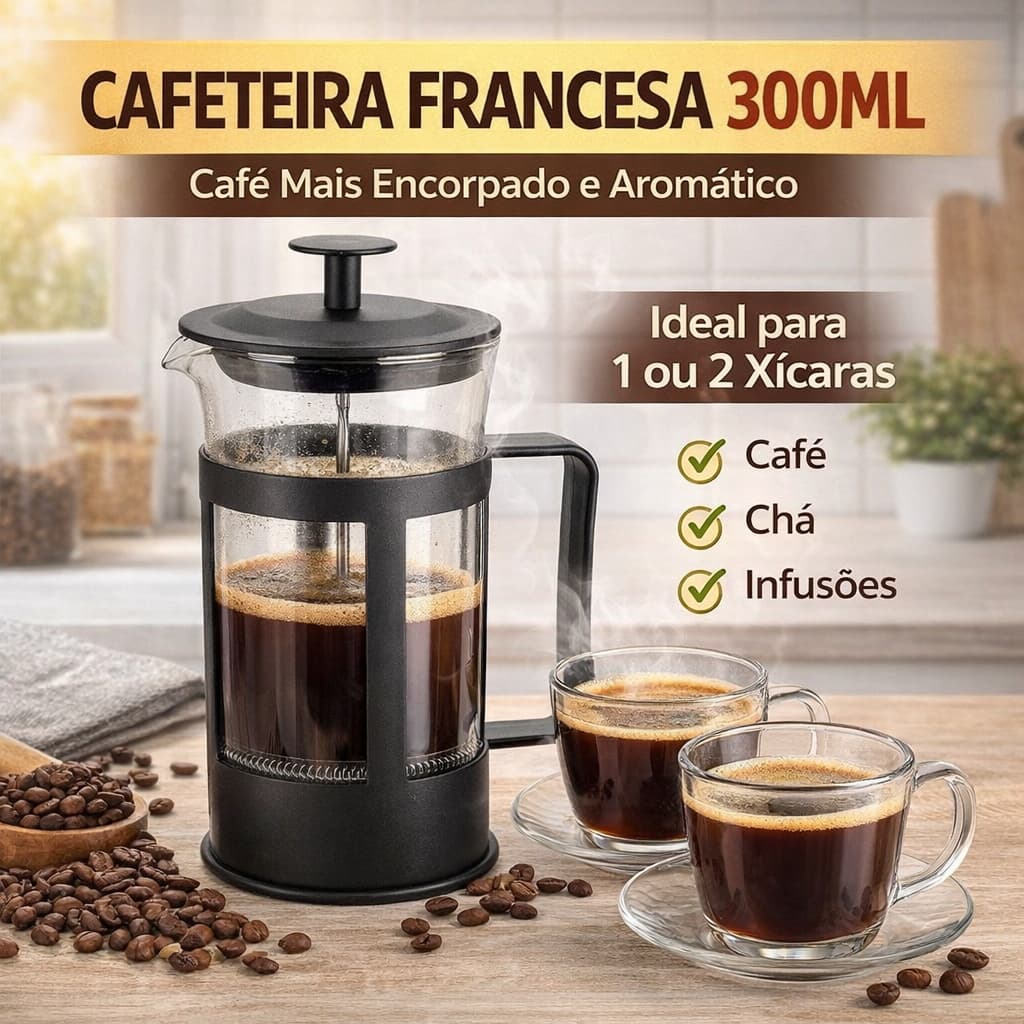 Cafeteira Prensa Francesa 300ml Vidro Portátil Preta Café Chá Leite French Press 1 a 2 Xícaras